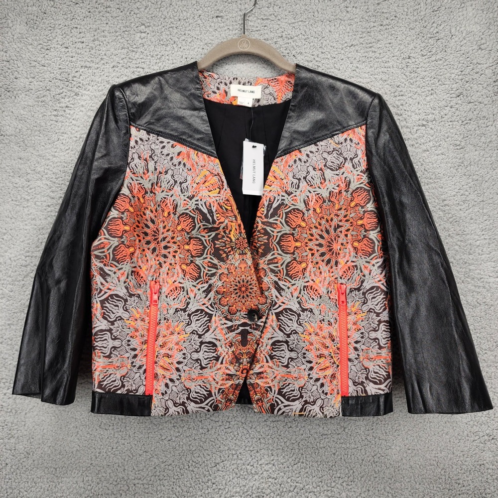Helmut Lang Neon Red Lion‎ Jacquard Lamb Leather Trim Jacket Size 4 NEW $995